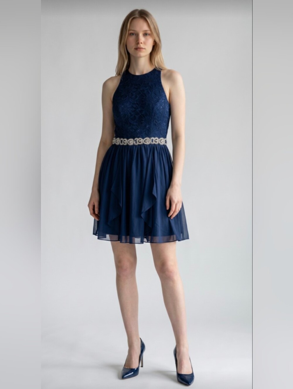 JODI KRISTOPHER! RICH NAVY BLUE LACE TOP, JEWELED/BEADED WAISTLINE DRESS! SZ 1